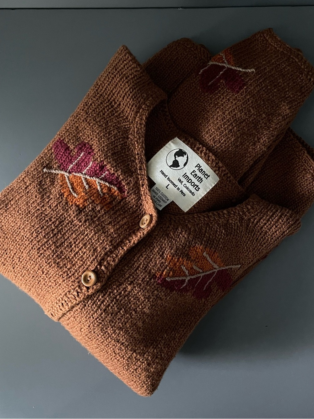 Planet Earth Hand Loomed Fall Leaves Cottage Sweater Cardigan L Peru Autumn